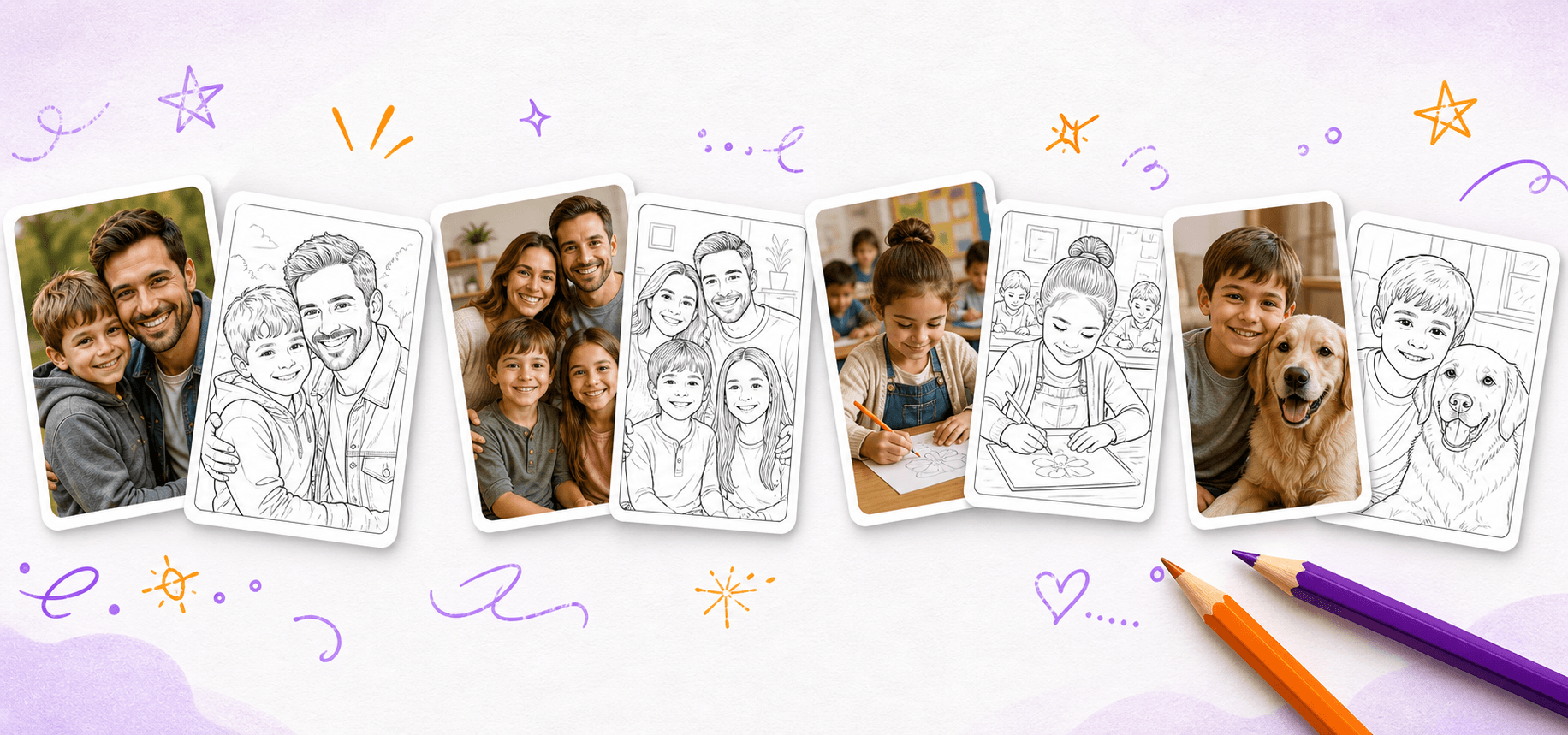 Examples of photos turned into custom printable coloring pages