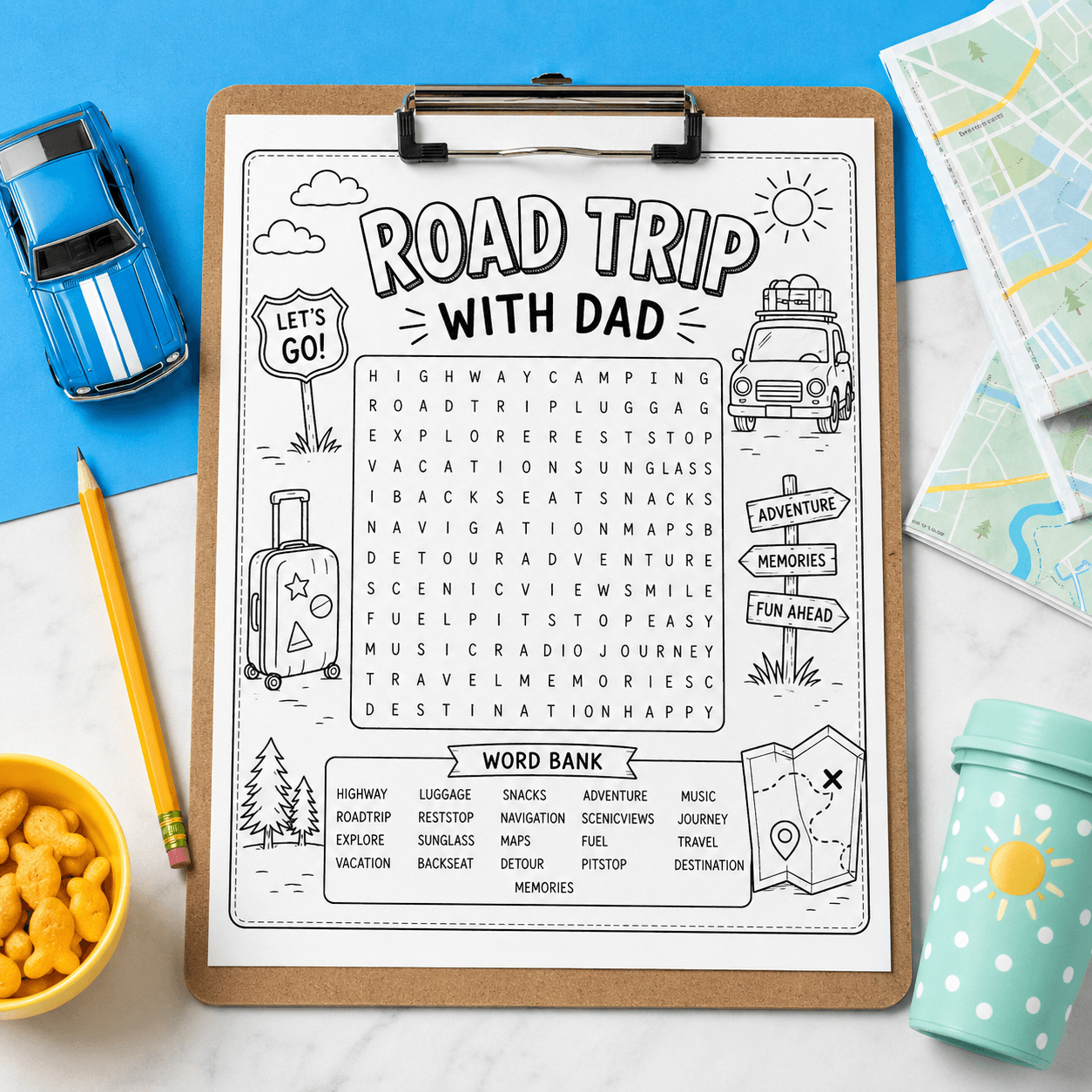Viagem com o pai Caça-palavras free printable preview